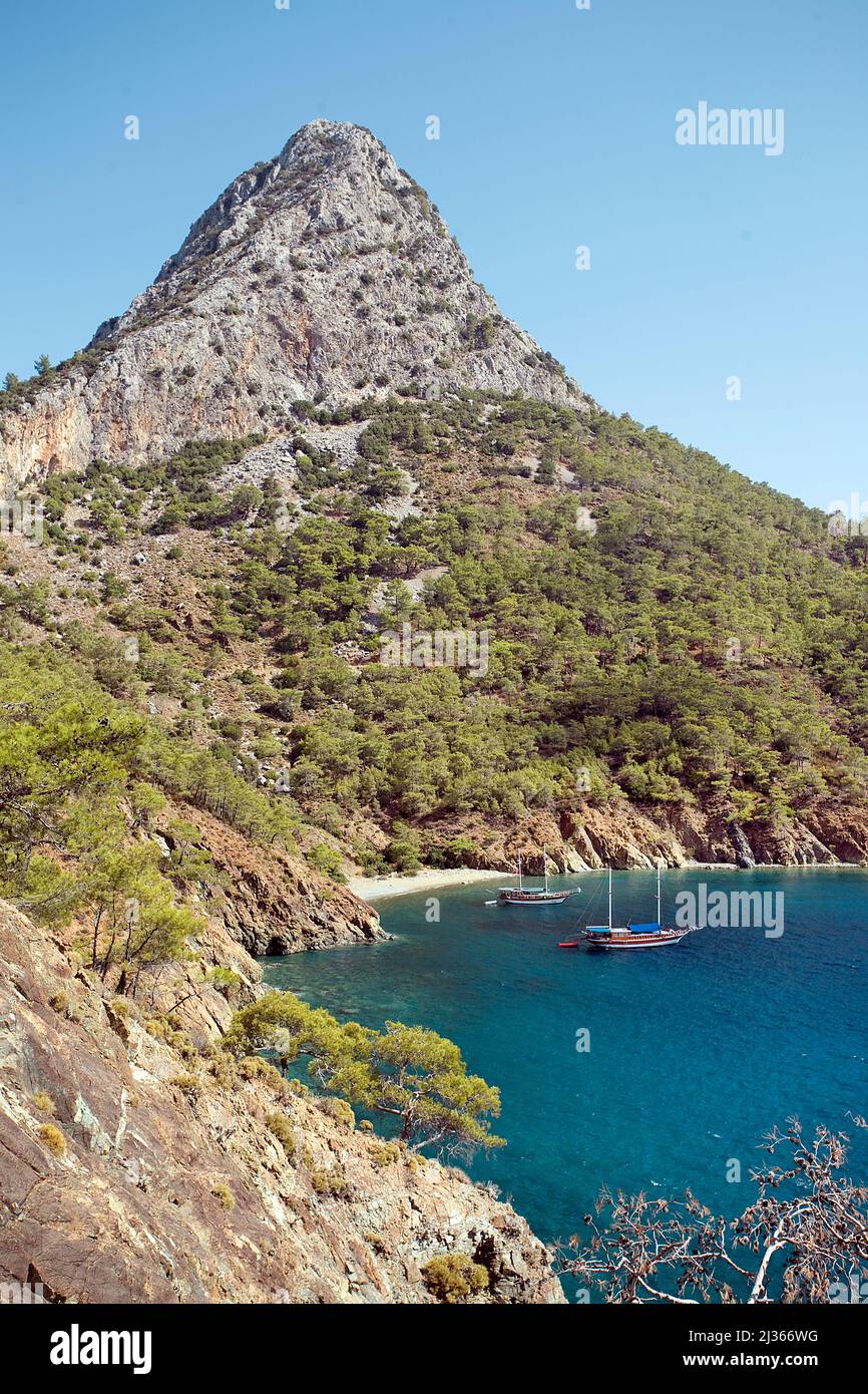 Idyllische Bucht von Adrasan, Lykia, Türkei, Mittelmeer Stockfoto
