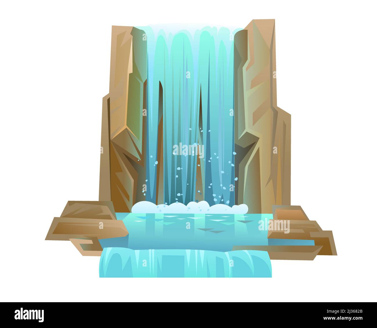 Wasserfall zwischen Felsen. Kaskade schimmert nach unten. Fließendes Wasser. Objekt auf weißem Hintergrund isoliert. Cooler Cartoon-Style. Über den See. Vektor Stock Vektor
