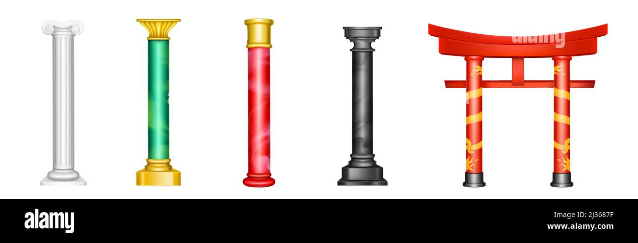 Antike Säulen, antike Säulen mit goldener Dekoration und roter, grüner, weißer oder schwarzer Textur. Einrichtung in römischer, chinesischer oder arabischer sprache, Luxus-archit Stock Vektor