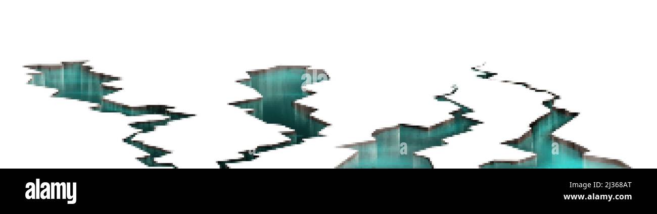 Risse im Boden mit Wasser im Inneren, Erdbebenrisslöcher mit transparenter Flüssigkeit, zerstörte Landoberfläche zerkleinert Textur. Zerstörung, gespaltener Schaden fis Stock Vektor