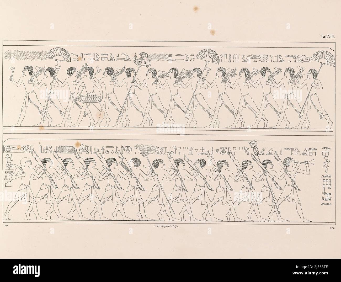 Ancient Egyptian Military in Festive Parade aus dem Buch "die Flotte einer ägyptischen Königin" aus dem XVII. Jahrhundert vor unserer Ära und alten ägyptischen Militär auf Parade: Dargestellt auf einem Denkmal des gleichen Alters, beide in einigen Teilen restauriert und zum ersten Mal vom Autor nach einer Kopie aus der Terrasse-Tempel von Dêr-el-Baheri veröffentlicht : Mit einem Anhang, der die Fische des Roten Meeres in der ursprünglichen Größe des Denkmals als Ornamente unter der Flotte enthält, einer chronologisch angeordneten Anzahl von Darstellungen altägyptischer Schiffe und einigen Darstellungen und Inschriften Stockfoto