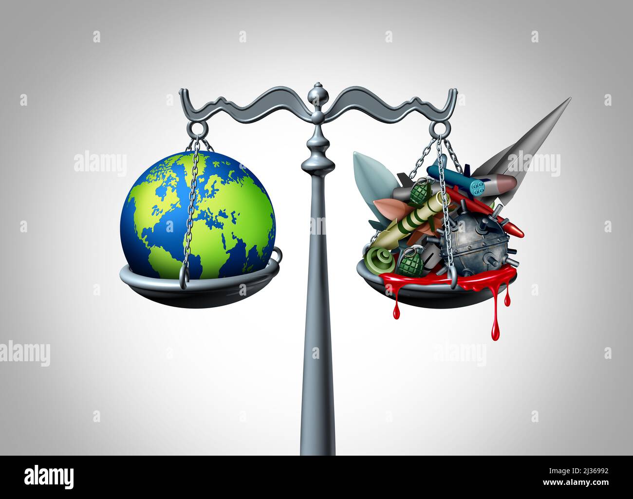 Internationale Kriegsverbrechen und militärische Strafjustiz als Symbol für globale Verbrechen gegen die Menschlichkeit mit Massenvernichtungswaffen und illegalen. Stockfoto