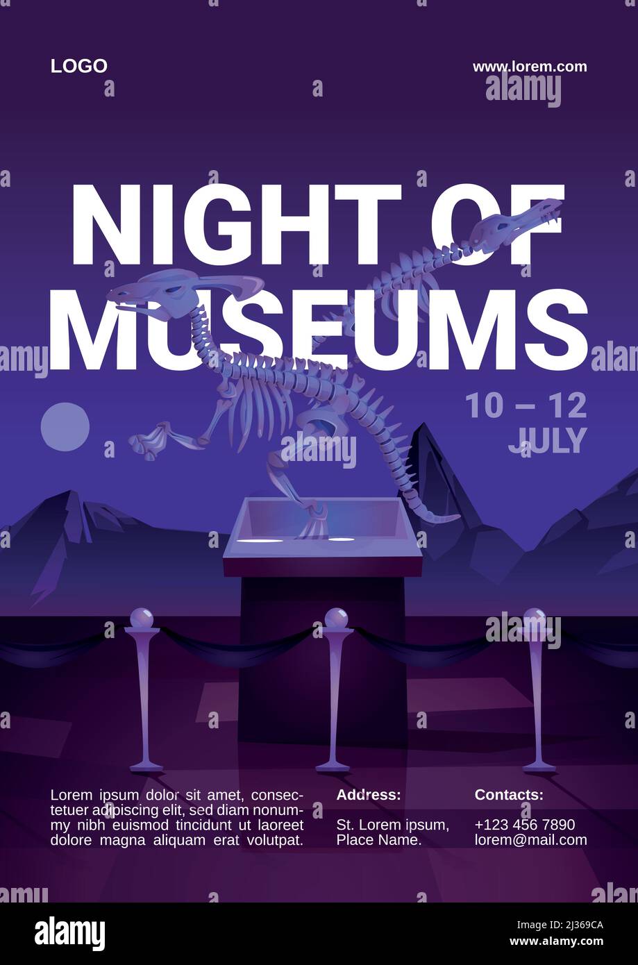 Nacht der Museen Cartoon-Flyer mit Dinosaurier fossilen Knochen Ausstellung. Einladung zur Ausstellung mit Dino-Skeletten. Prähistorische Tiere der jurazeit, Stock Vektor