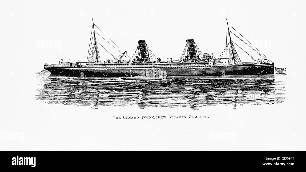 RMS Campania war ein britischer Ozeandampfer im Besitz der Cunard Steamship Line Shipping Company, der von der Fairfield Shipbuilding & Engineering Company aus Govan, Schottland, gebaut und am Donnerstag, dem 8. September 1892, gestartet wurde. Kampanien war in Abmessungen und Spezifikationen identisch mit ihrem Schwesterschiff RMS Lucania und war das größte und schnellste Passagierflugzeug im Jahr 1893, als sie in Dienst ging. Sie überquerte den Atlantik in weniger als sechs Tagen und gewann auf ihrer zweiten Reise 1893 das prestigeträchtige Blue Riband, das zuvor von der Inman Liner SS City of Paris gehalten wurde. Im darauffolgenden Jahr gewann Lucania das Blue Riband A Stockfoto