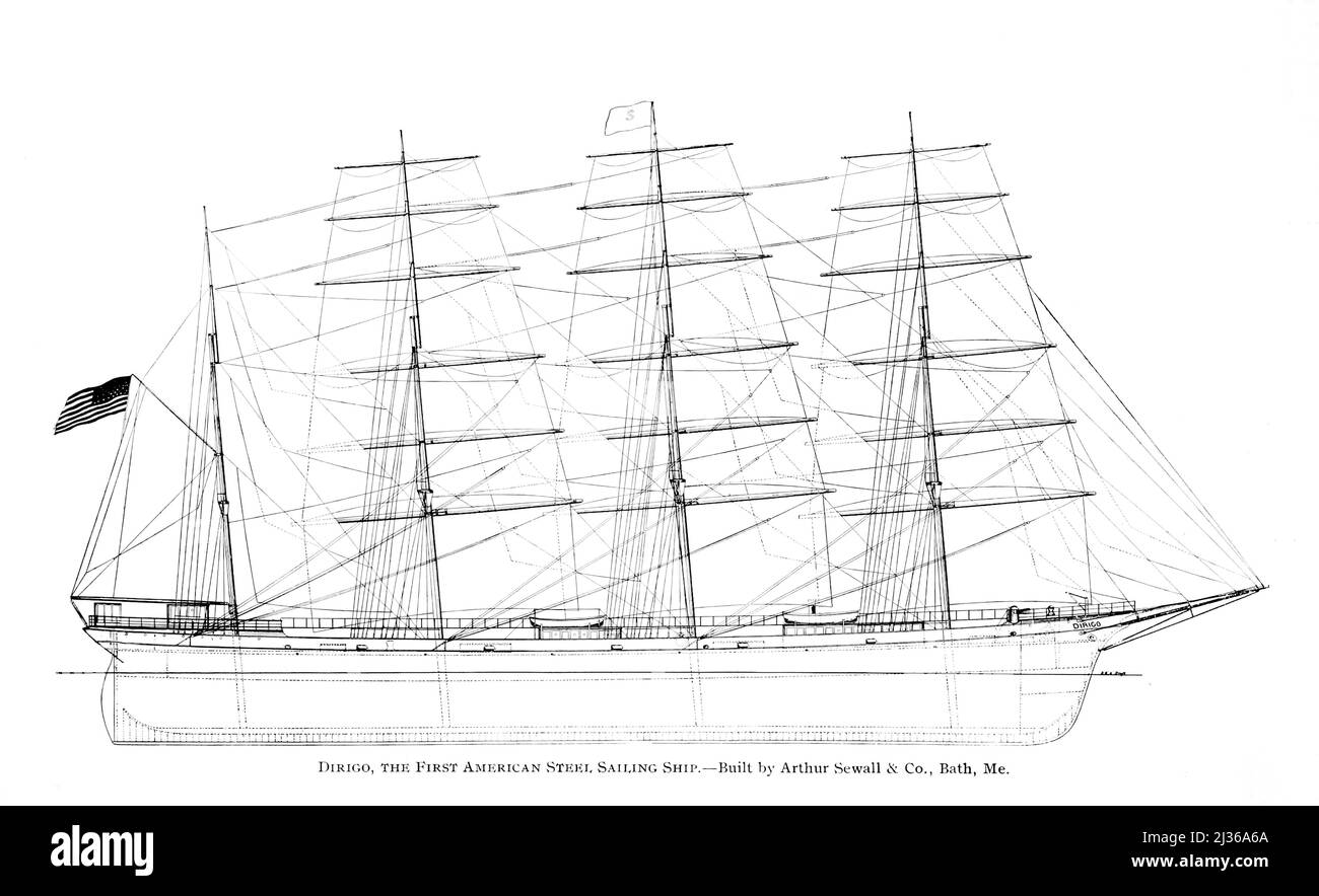 Dirigo, das erste amerikanische Stahl-, Segelschiff. Gebaut von Arthur Sewall & Co., Bath, Me. Aus dem Buch ' Steam vessels & marine Engines ' von G. Foster Howell, Publisher New York : American Shipbuilder 1896 Stockfoto