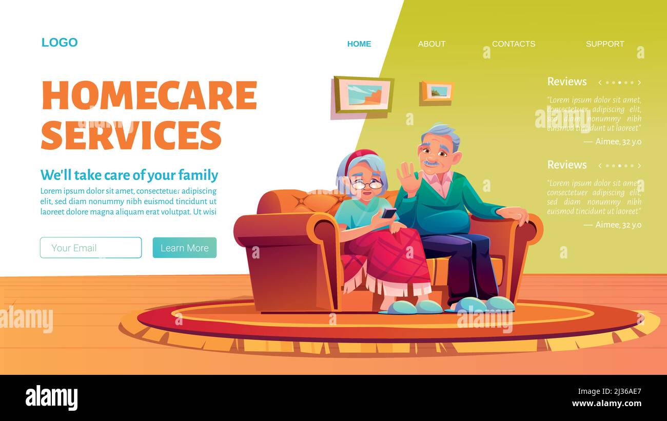 Homecare Services Cartoon Landing Page. Sozialhilfe und Betreuung alter Patienten zu Hause Konzept. Glückliches Ehepaar Mann und Frau mit Telefon sitzen auf dem Sofa Stock Vektor