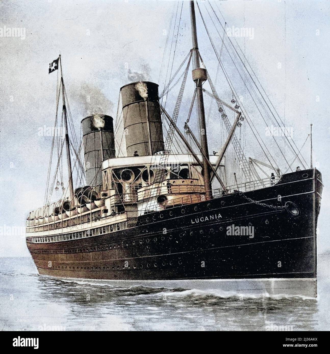 RMS Lucania war ein britischer Ozeandampfer im Besitz der Cunard Steamship Line Shipping Company, der von der Fairfield Shipbuilding & Engineering Company aus Govan, Schottland, gebaut und am Donnerstag, 2. Februar 1893, gestartet wurde. Die RMS Lucania war in Abmessungen und Spezifikationen identisch mit ihrem Schwesterschiff und ihrer Laufgefährtin RMS Campania und war das größte Passagierflugzeug im Wasser, als sie 1893 in Dienst ging. Auf ihrer zweiten Reise gewann sie das prestigeträchtige Blue Riband von der anderen Cunarder, um zum schnellsten Passagierschiff im Wasser zu werden, ein Titel, den sie bis 1898 behielt. Aus dem Buch "Dampfschiffe und Schiffsmotoren" Stockfoto