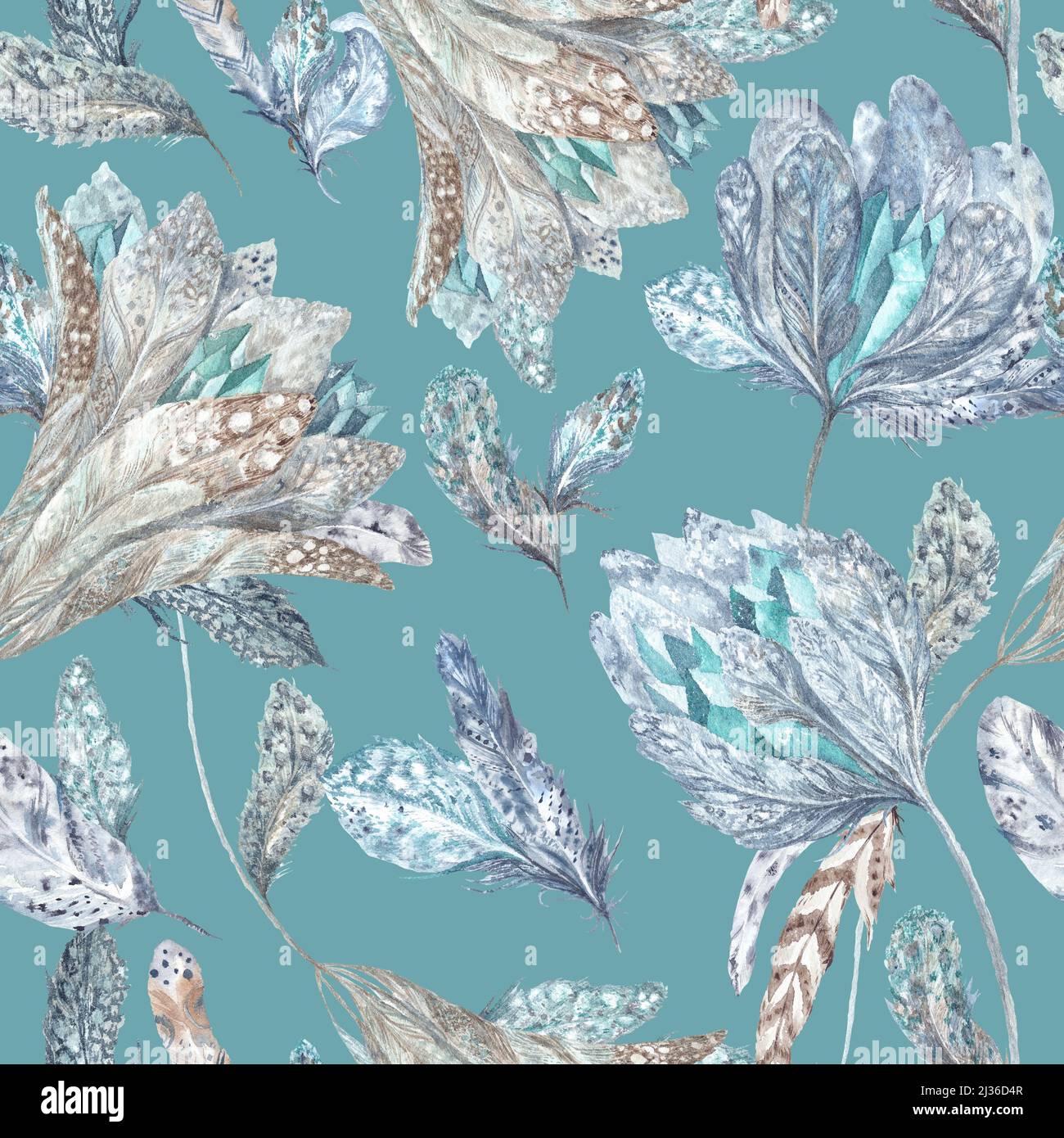 Nahtlose Textur mit Federn, Blumen und Kristallen für Textil- und Tapetendesign Stockfoto