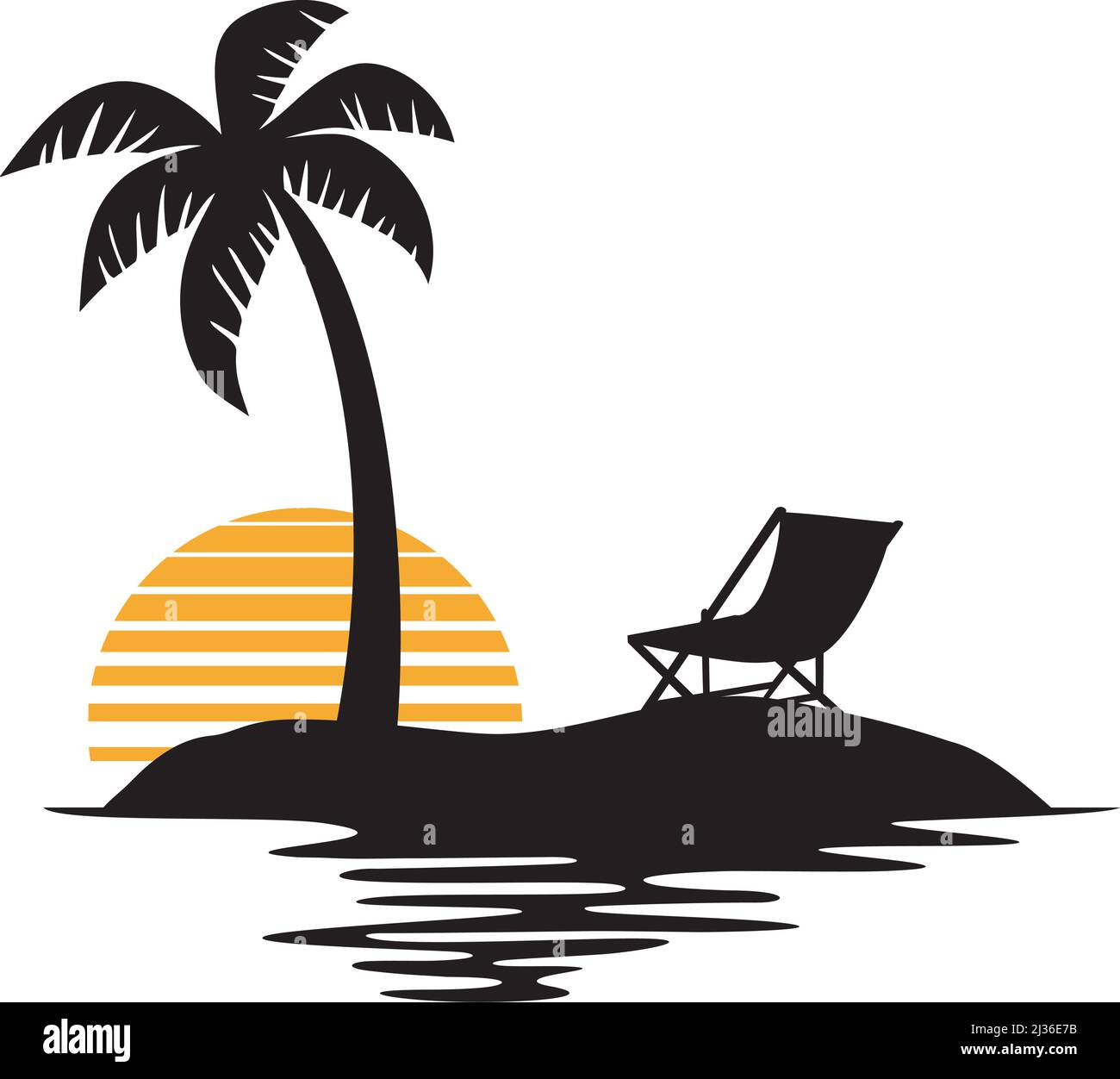 Palm Tree Sunset (Tropical Island Sunset, Summer Design, Beach Silhouette). Vektorgrafik. Stock Vektor