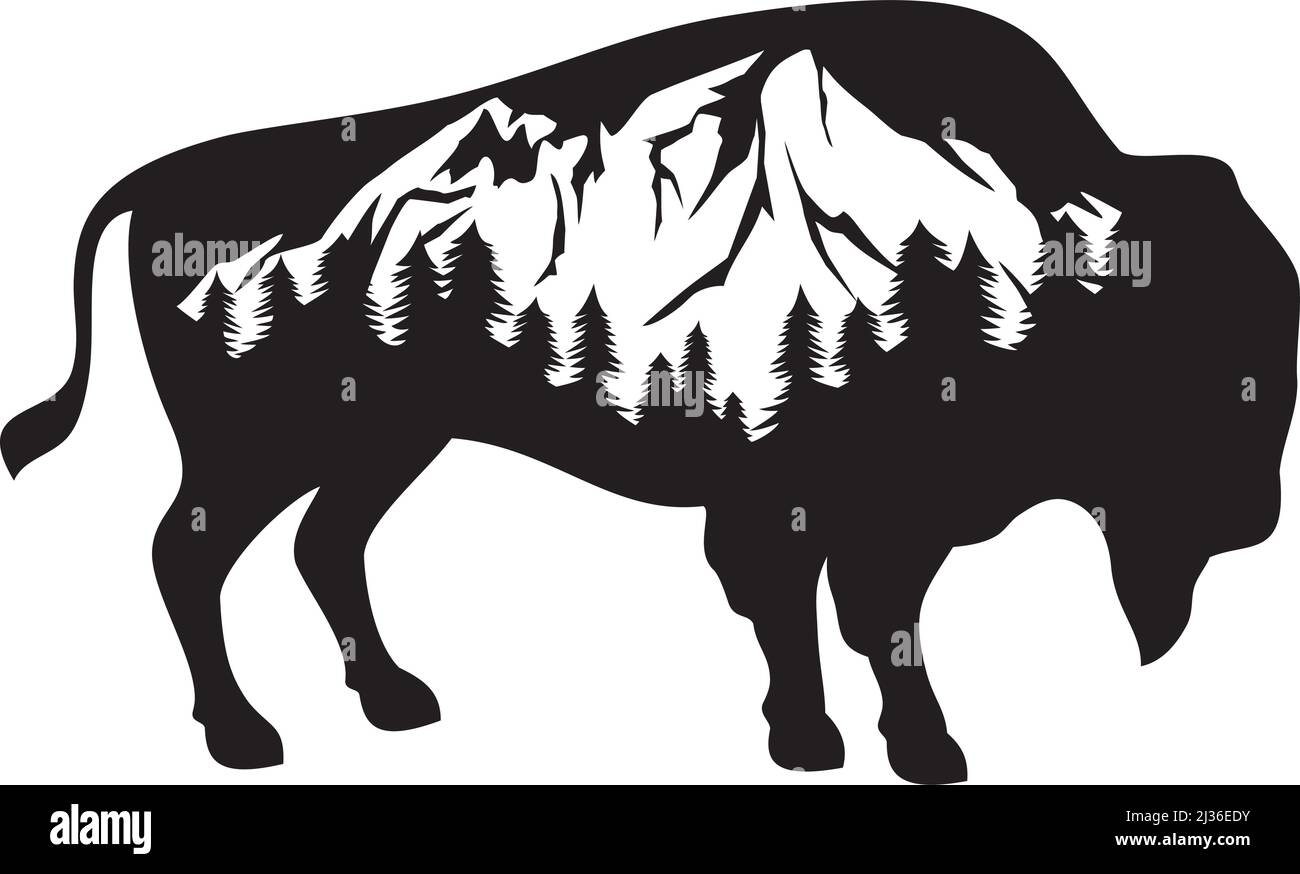 American Bison and Mountain (Jagddesign). Büffelsymbol. Vektorgrafik. Stock Vektor