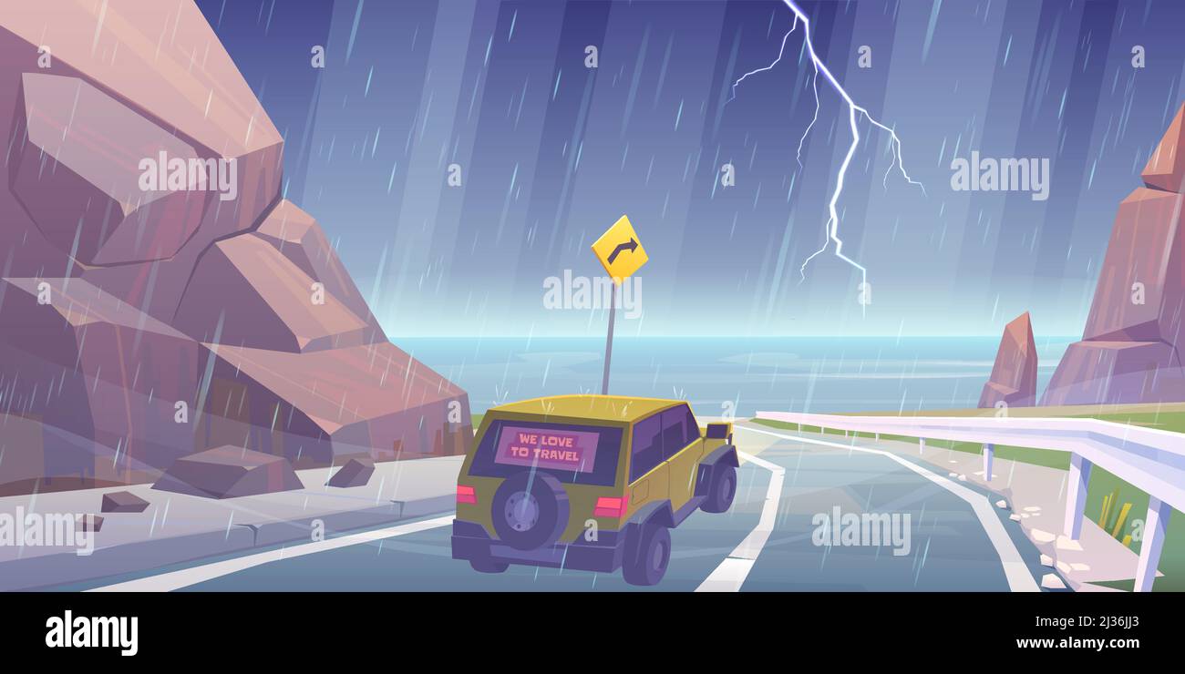 Auto auf der Straße zum Strand bei Regen. Vektor-Cartoon-Landschaft der Küste, Berge und Autobahn mit SUV. Seeslandschaft mit Sturm, Blitz in s Stock Vektor