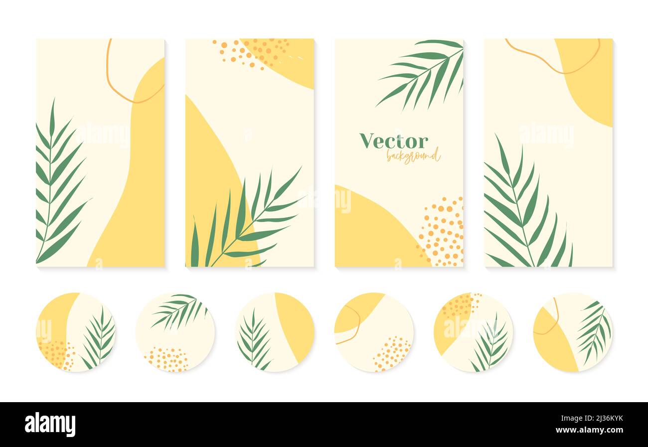 Minimale instagram Geschichten Vorlagen und Highlights Symbole in gelben Farben mit Palmblättern. Abstrakte organische Formen, florale Sommer Hintergrund Stock Vektor