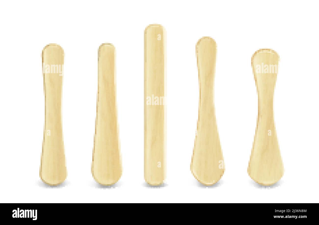 Popsicle-Sticks, Holzelemente für die Aufbewahrung von Eis, Zungenverdichter für Hals medizinische Untersuchung verschiedene Formen und Größen isoliert auf weiß b Stock Vektor
