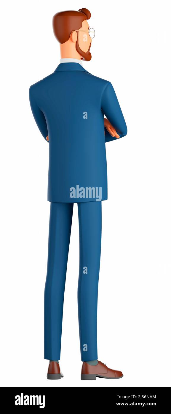 3D Illustration eines lächelnden Mannes. Cartoon-Rückansicht eines lächelnden Geschäftsmannes Stockfoto