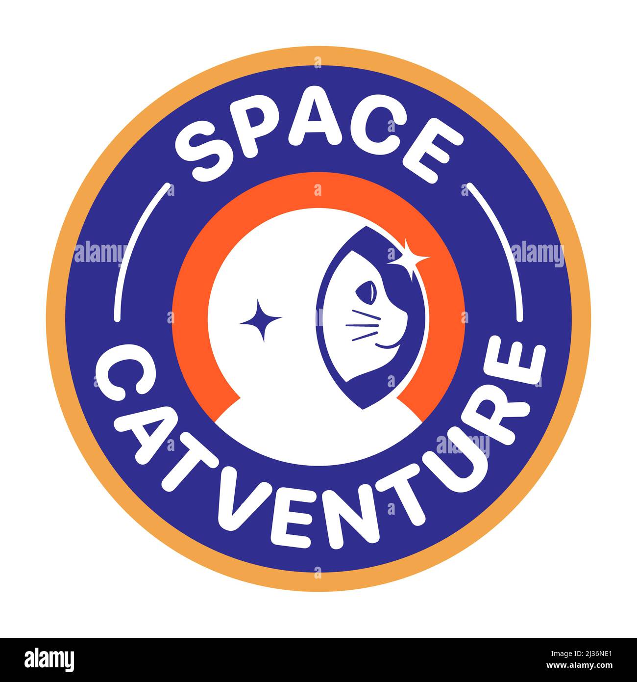 Astronautenkatze, Weltraummission Abzeichen mit Space Catventure Schriftzug. Vektorsymbol „Katzenabenteuer“. Stock Vektor