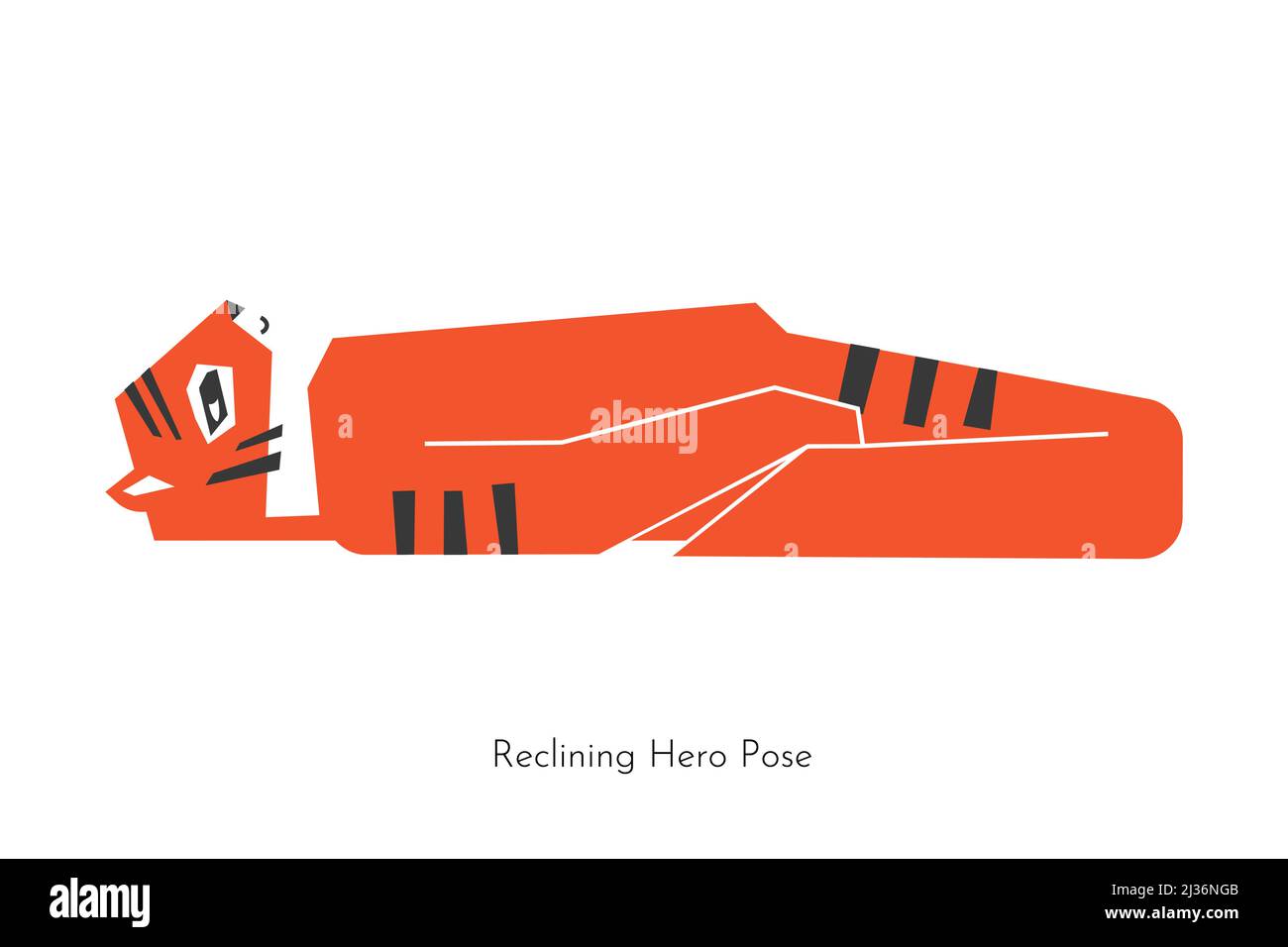 Vektor-Konzept mit Tier Cartoon Charakter Lernen Yoga Praxis - Supta Virasana. Indochinese Tiger tut Reclining Hero Pose. Flache Abbildung von Stock Vektor