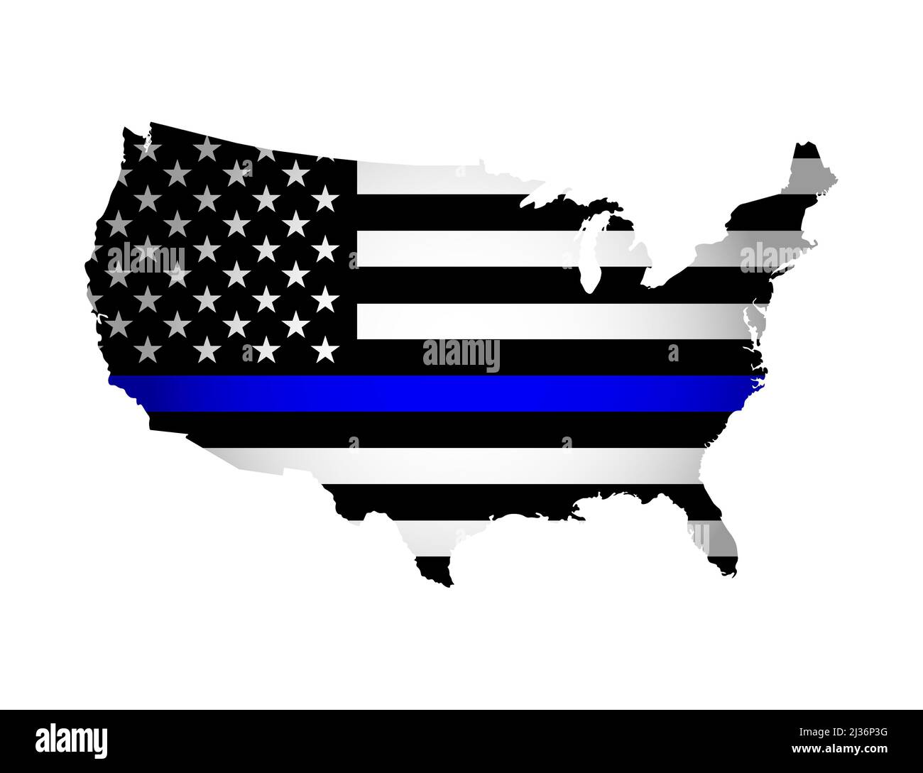 Vektor-Illustration mit amerikanischer Nationalflagge mit Form der USA-Karte. Sterne und Streifen. Volumeschatten auf der Karte. Nationalflagge in schwarz und weiß Stock Vektor