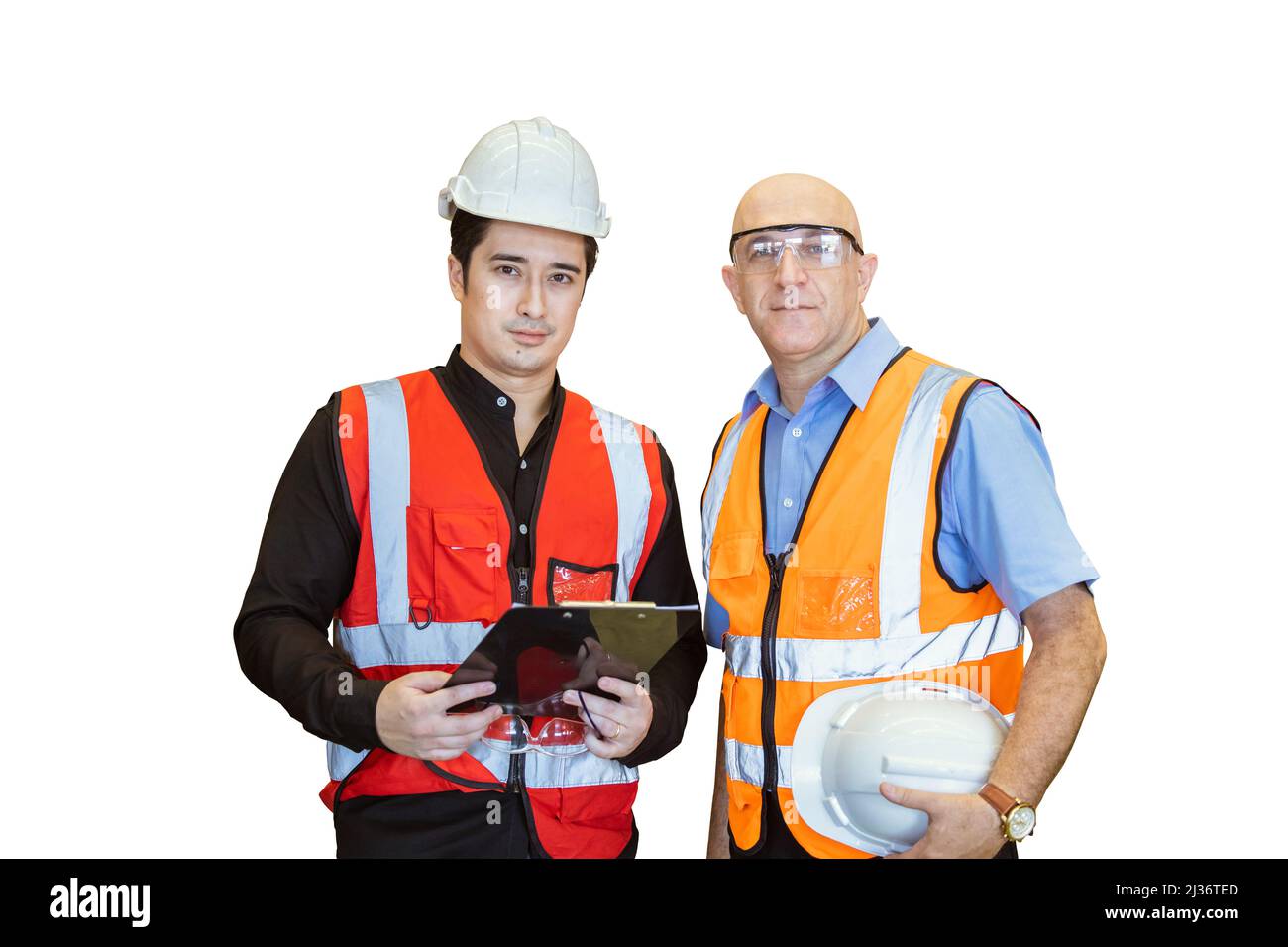 Arbeiter männlich Team Builder stehend Porträt isoliert auf weißem Hintergrund. Stockfoto