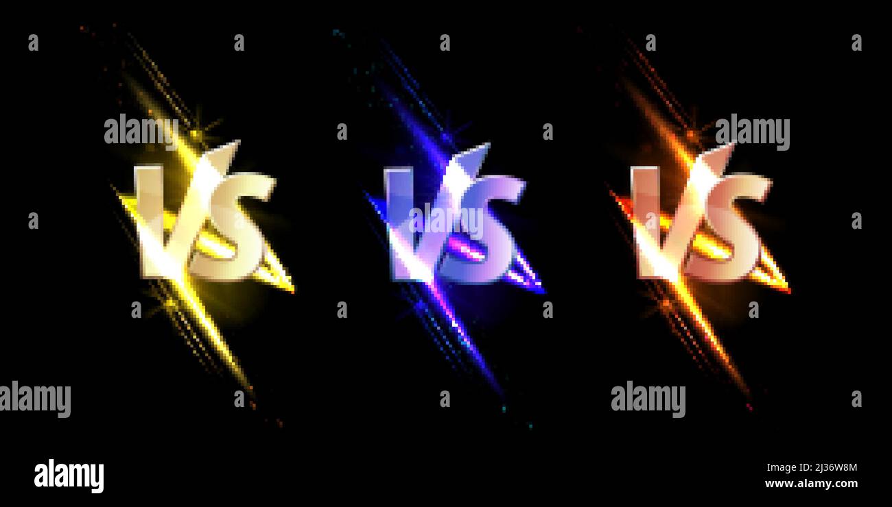 Versus VS-Zeichen mit Leuchten und Funken, Spiel- oder Sportkonfrontationssymbole auf schwarzem Hintergrund mit leuchtenden Funken. Kampfkünste Kampf, Kampf, Kampf Stock Vektor