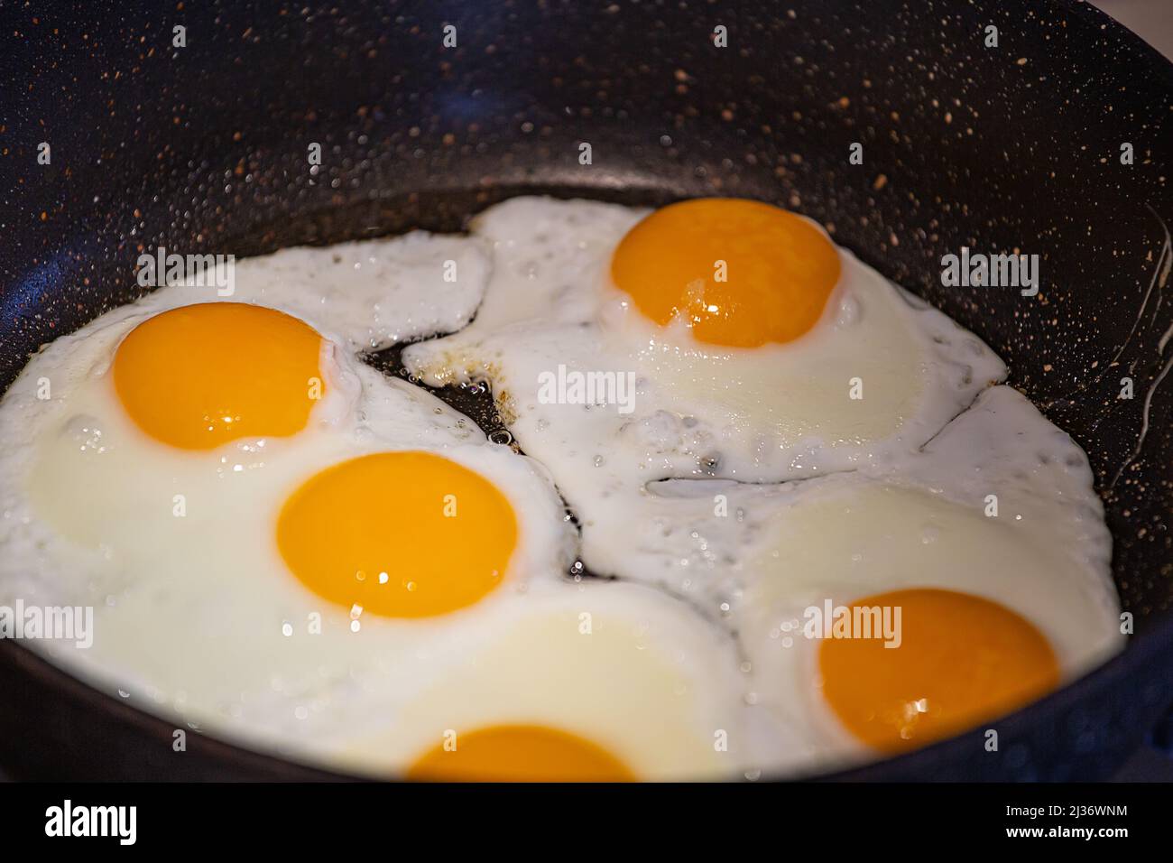 Spiegeleier aus fünf Eiern, die in einer Pfanne gebraten werden Stockfoto