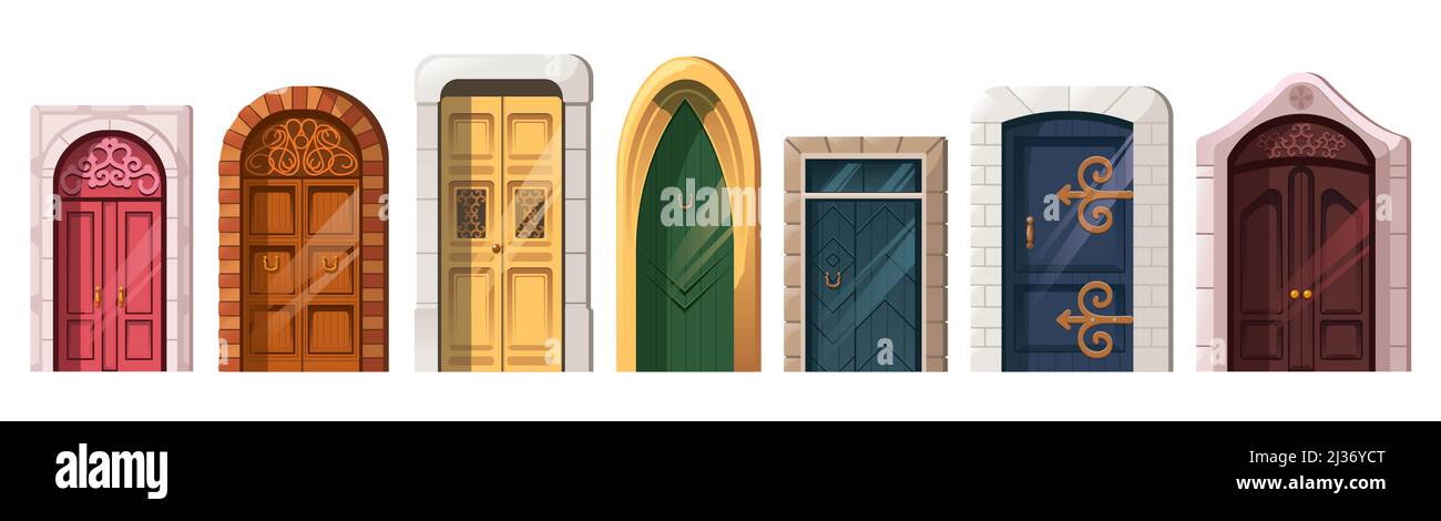 Alte mittelalterliche Türen in Steinbogen für die Gebäudefassade. Vektor-Cartoon-Satz von Eingang in Vintage-Haus, Burg, gotische Kirche oder Tempel. Gefärbtes Holz Stock Vektor