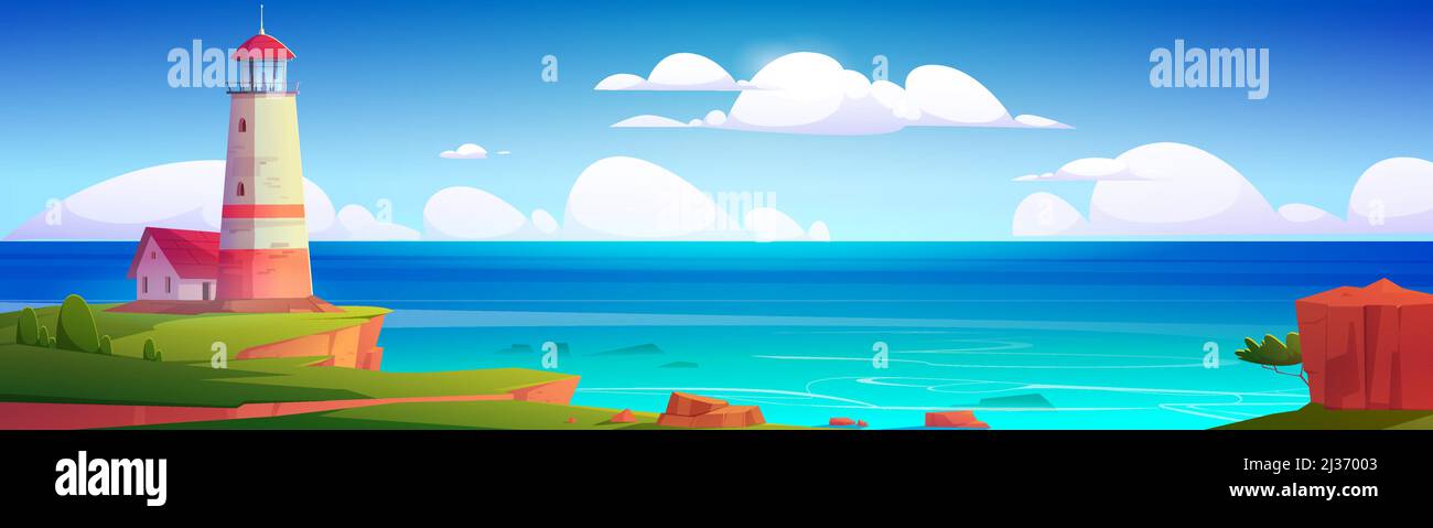 Leuchtturm an der Küste. Sommerlandschaft des Ozeanstrandes mit Leuchtfeuer und Gebäude auf Klippen. Vektor-Cartoon-Illustration von Seestücke mit nautischen Navi Stock Vektor