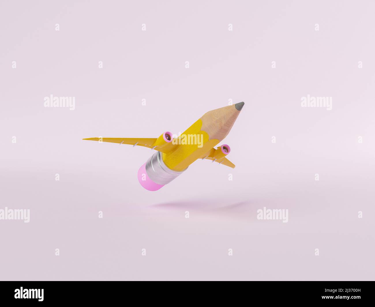 3D Illustration eines Bleibleistifts mit Radiergummi und gelben Flugzeugflügeln, die auf rosa Hintergrund fliegen Stockfoto