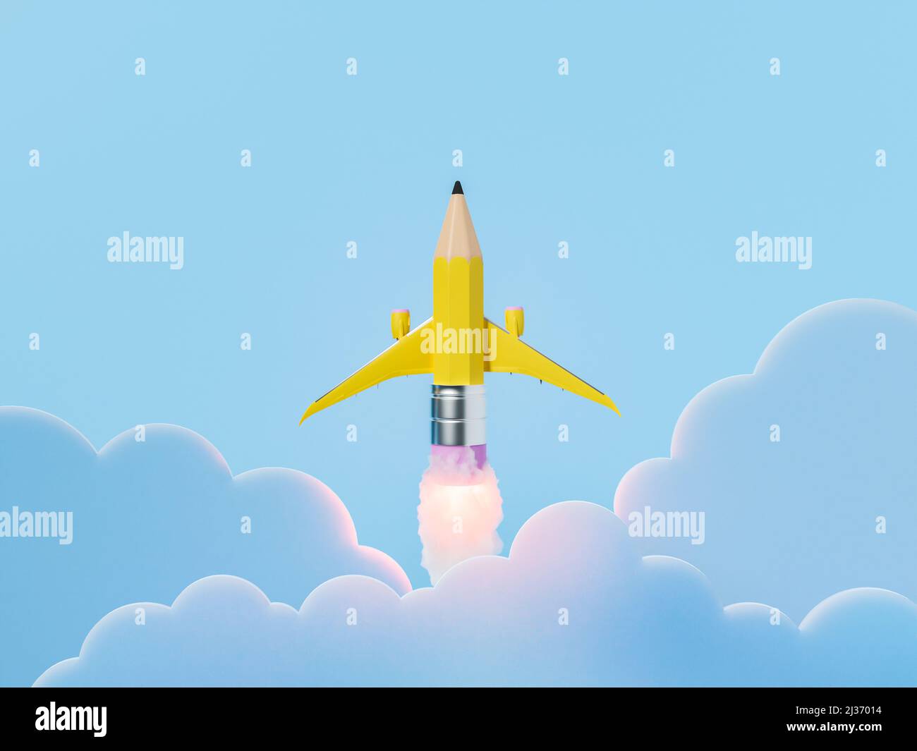 3D Illustration, die das Konzept der Bildung und Bleistift in Form einer Flugrakete auf blauem Hintergrund darstellt Stockfoto