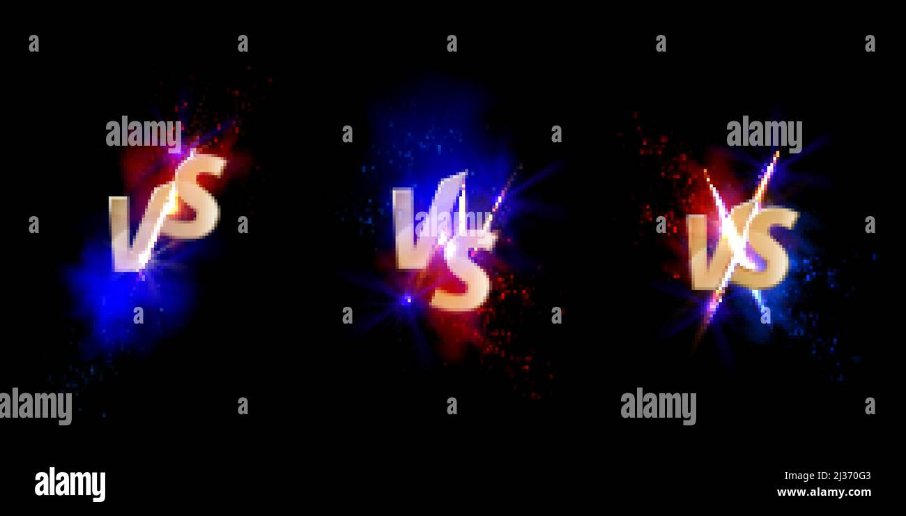 Versus VS Gold-Schilder mit Schimmer und Funken auf blauen und roten Seiten. Sport Konfrontation Symbole auf schwarzem Hintergrund. Kampfkünste Kampf, Kampf Stock Vektor
