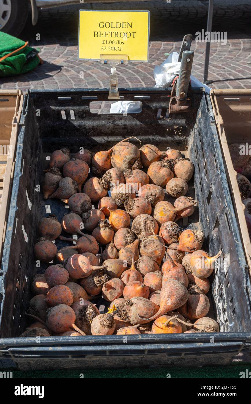 Goldene Rote Beete zum Verkauf auf einem Bauernmarkt Stockfoto