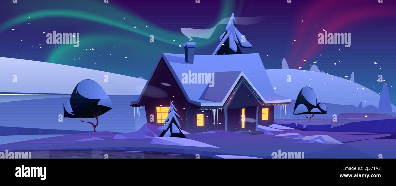 Haus mit weihnachtsdekoration in der Nacht. Winterlandschaft mit Schnee, Hütte und aurora borealis am Himmel. Vektor-Cartoon-Illustration mit nördlichen li Stock Vektor