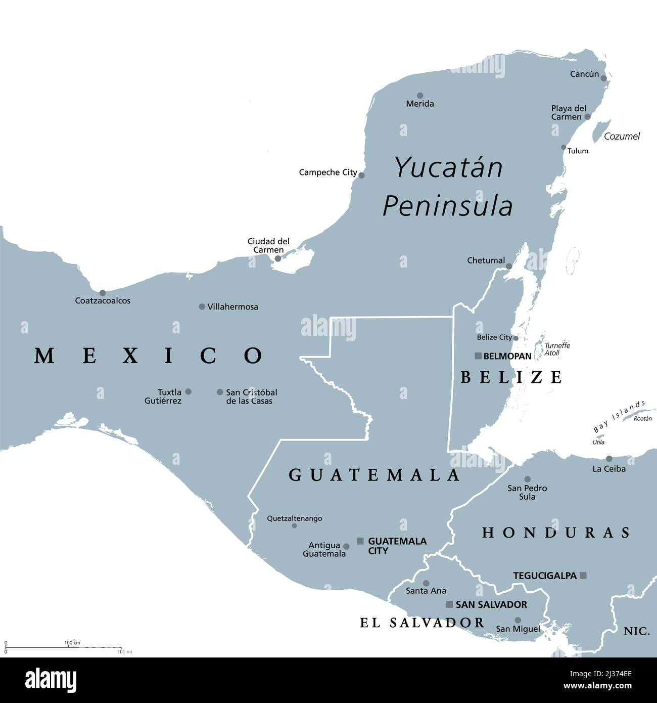 Yucatan Peninsula, graue politische Landkarte. Halbinsel im Südosten Mexikos und angrenzende Teile von Belize und Guatemala. Stockfoto