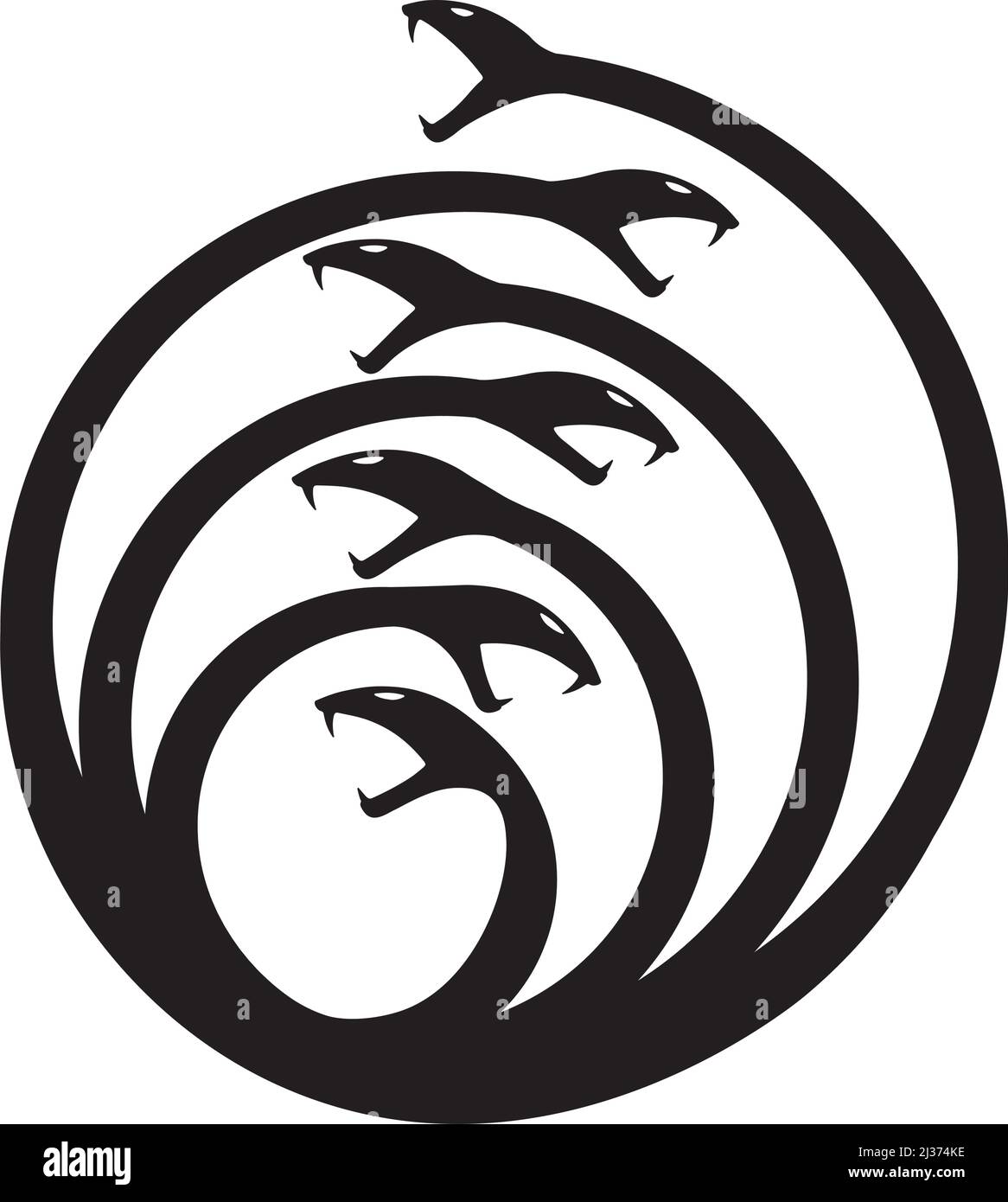 Seven Head Hydra Symbol Ouroboros Stil schwarz auf weiß Stock Vektor