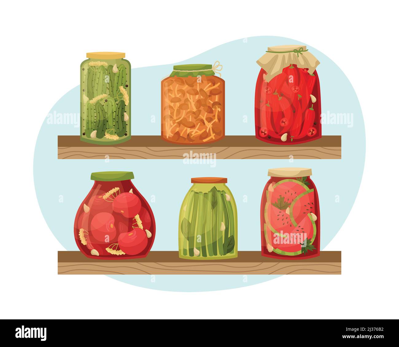 Vektor-Illustration von Gläsern von Gurken auf den Regalen in der Speisekammer. Vorbereitungen für den Winter. Stock Vektor