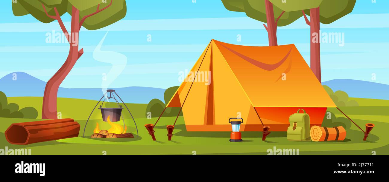 Sommerlager im Wald mit Lagerfeuer, Zelt, Rucksack und Laterne. Vektor-Cartoon-Landschaft mit Campingplatz, Bäumen, Log und Bowler auf Feuer. Ausrüstung für t Stock Vektor