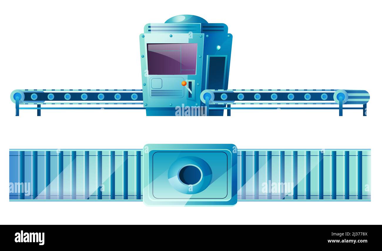 Förderband im Werk, Werk oder Lager in Front- und Draufsicht. Vektor-Cartoon-Illustration der blauen automatisierten Maschine in der Massenproduktion Linie isol Stock Vektor