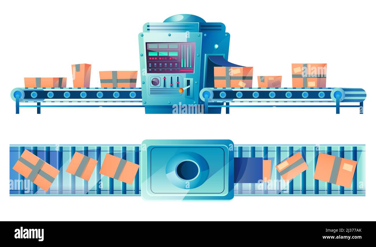 Förderband mit Kartons in Fabrik, Werk, Lager oder Post. Automatisierte Produktionslinie mit isolierten Waren- oder Produktpaketen auf w Stock Vektor