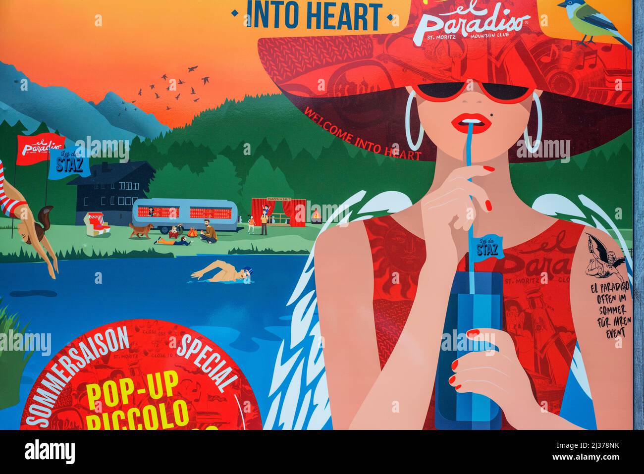 St. moritz Village, El paradiso Mountain Club & Restaurant Retro-Werbung für die Sommersaison. Stockfoto