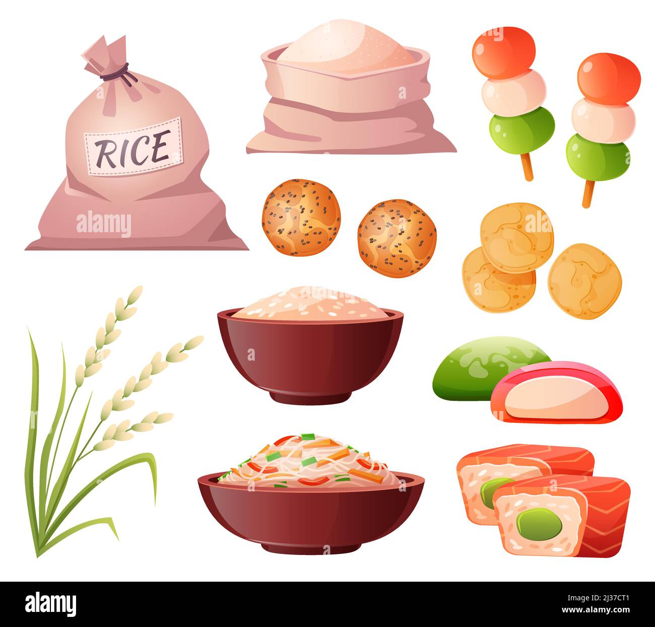 Reis in Beutel und Schüssel, Mehl im Sack, Getreideohr und traditionelles japanisches Essen. Vektor-Cartoon-Set mit Sushi, Reisnudel, Chips, Dango, Grillkuchen Stock Vektor