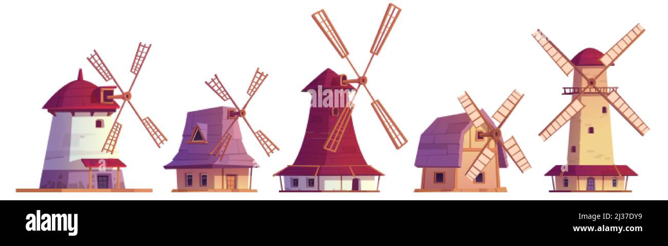 Alte Windmühlen, alte Stein- und Holzwindmühlen. Traditionelle holländische Bauernhöfe zum Mahlen von Weizenkörnern zu Mehl. Vektor Cartoon Satz von Land Stock Vektor
