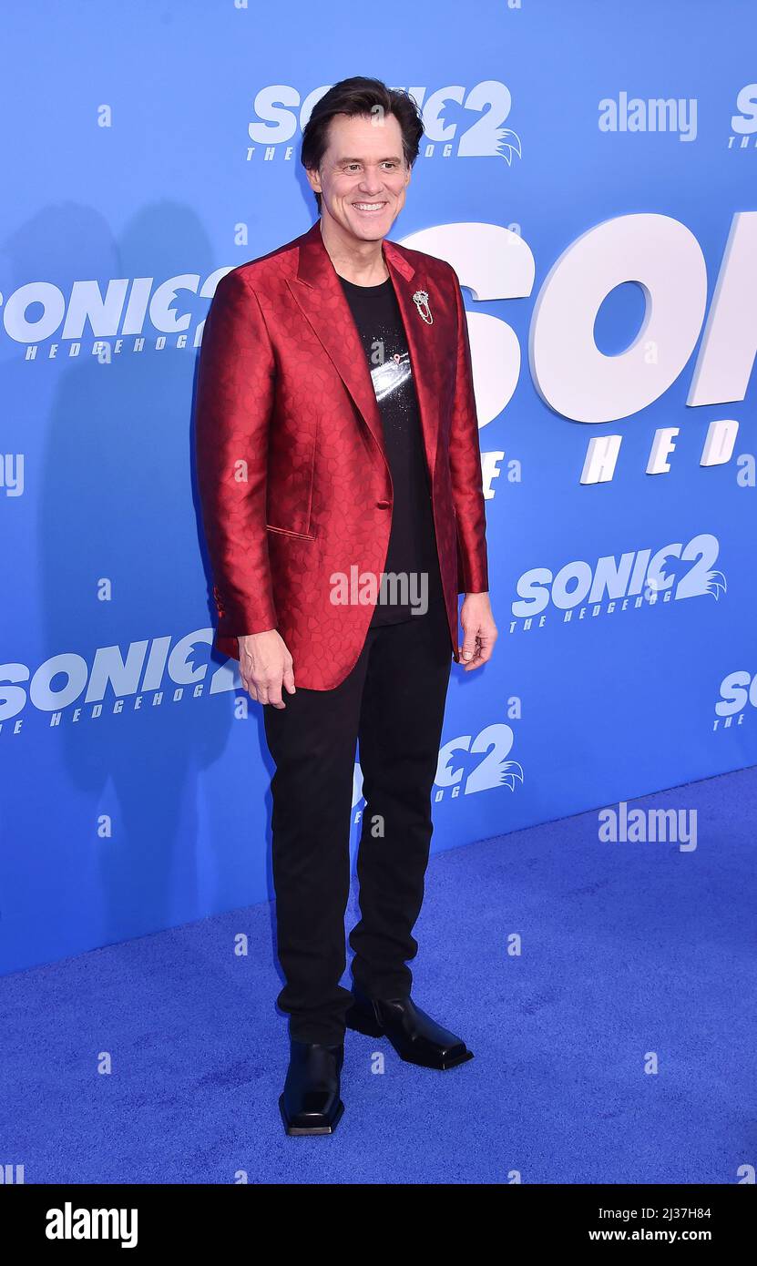 Los Angeles, Ca. 05. April 2022. Jim Carrey nimmt an der Premiere von „Sonic the Hedgehog 2“ in Los Angeles am 05. April 2022 im Regency Village Theatre in Los Angeles, Kalifornien, Teil. Kredit: Jeffrey Mayer/Jtm Fotos/Media Punch/Alamy Live News Stockfoto