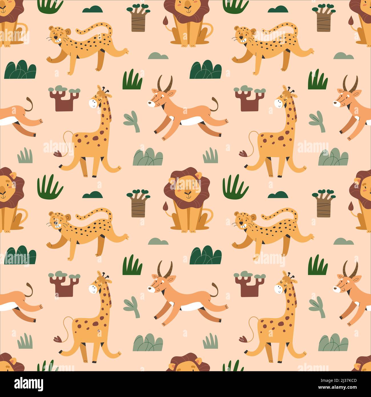 Safari Animals Print, niedliche exotische Katzen, Löwe und jaguar, lustige Giraffe, lächelnde und springende afrikanische Säugetiere, nahtloser Vektordruck Stock Vektor