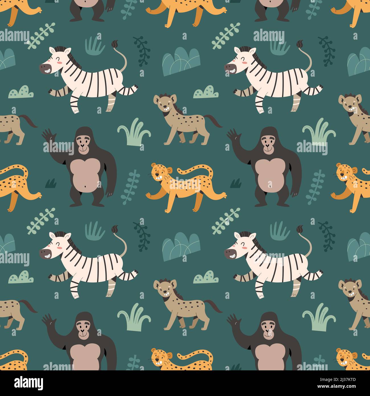 Afrikanisches Tiermuster, Zebra- und jaguar-Illustrationen, Cartoon-exotische Tiere, trendiger Zoodruck für Kinder, Safari-Säugetiere, textiles Ornament Stock Vektor