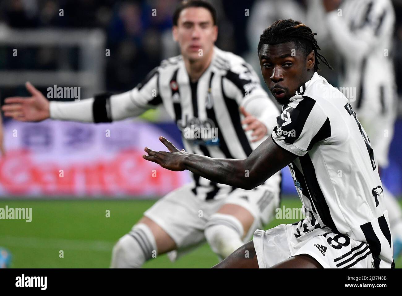 Moise Kean von Juventus FC während des Fußballspiels der Serie A 2021/2022 zwischen dem FC Juventus und dem FC Internazionale im Juventus-Stadion in Turin (Italien), Stockfoto
