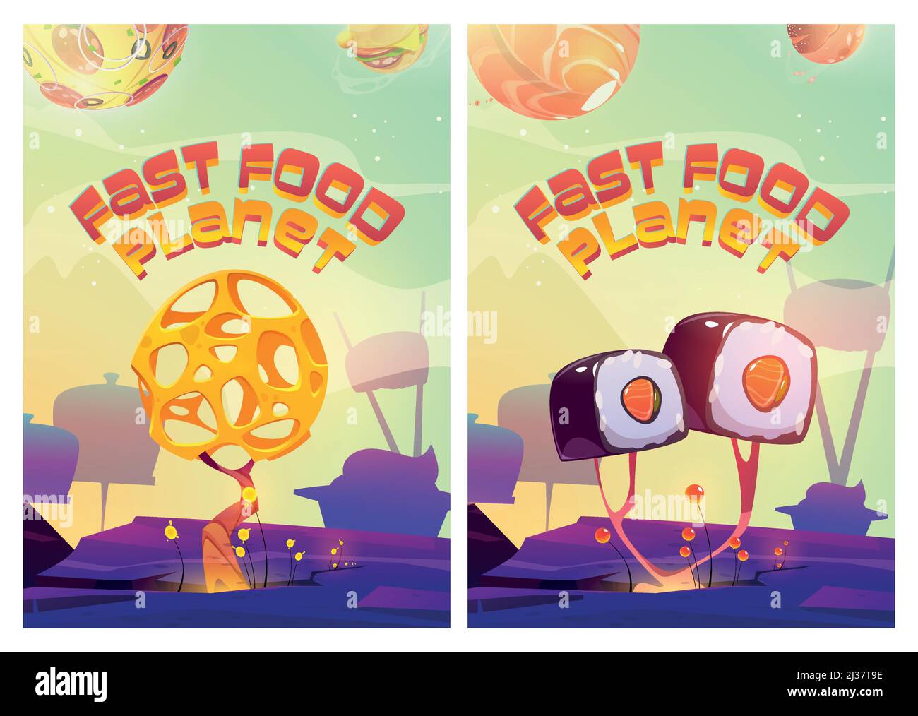 Fastfood-Planetenposter mit Fantasielandschaft mit Sushi- und Käsebäumen, Pizza und Hamburger-Planeten am Himmel. Vektor Cartoon Flyer des Restaurants, ich Stock Vektor