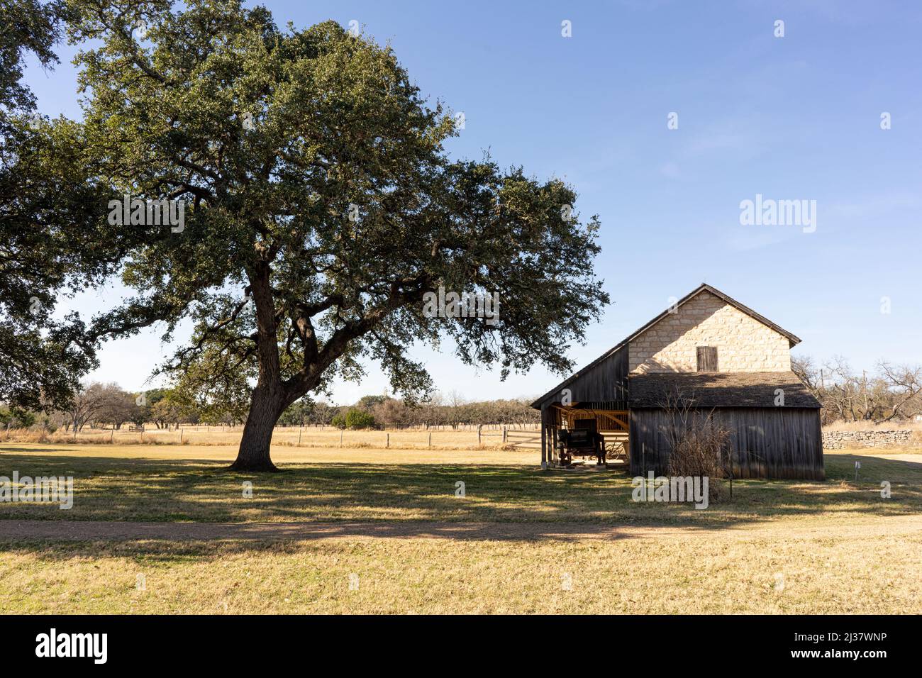 Die Kindheit von Lyndon Johnson an einem Wintertag unter blauem Himmel Stockfoto