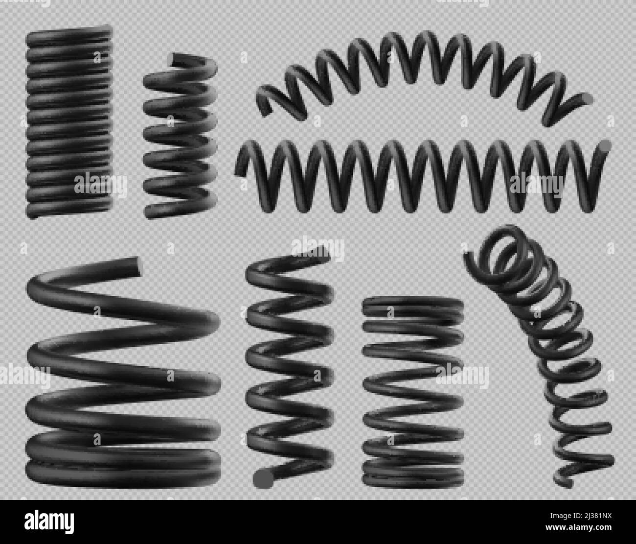 Schwarze Federspulen, flexibler Spiraldraht aus Metall. Vector realistische Satz aus Kunststoff oder Stahl elastische federnde Spulen verschiedene Formen für die Aufhängung oder mach Stock Vektor