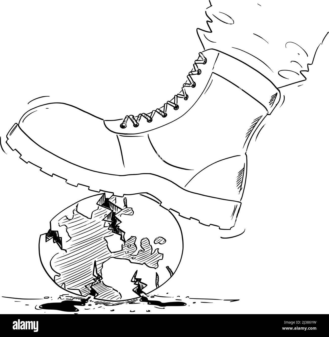 Stiefel des Soldaten zermalmen Planeten Erde , Vektor-Cartoon-Illustration Stock Vektor