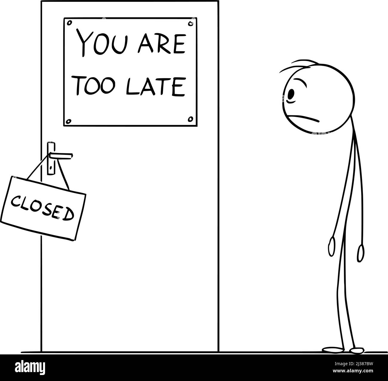 Frustrierte Person beobachten Gelegenheit Tür geschlossen, zu spät gehen , Vektor Cartoon Stick Abbildung Stock Vektor