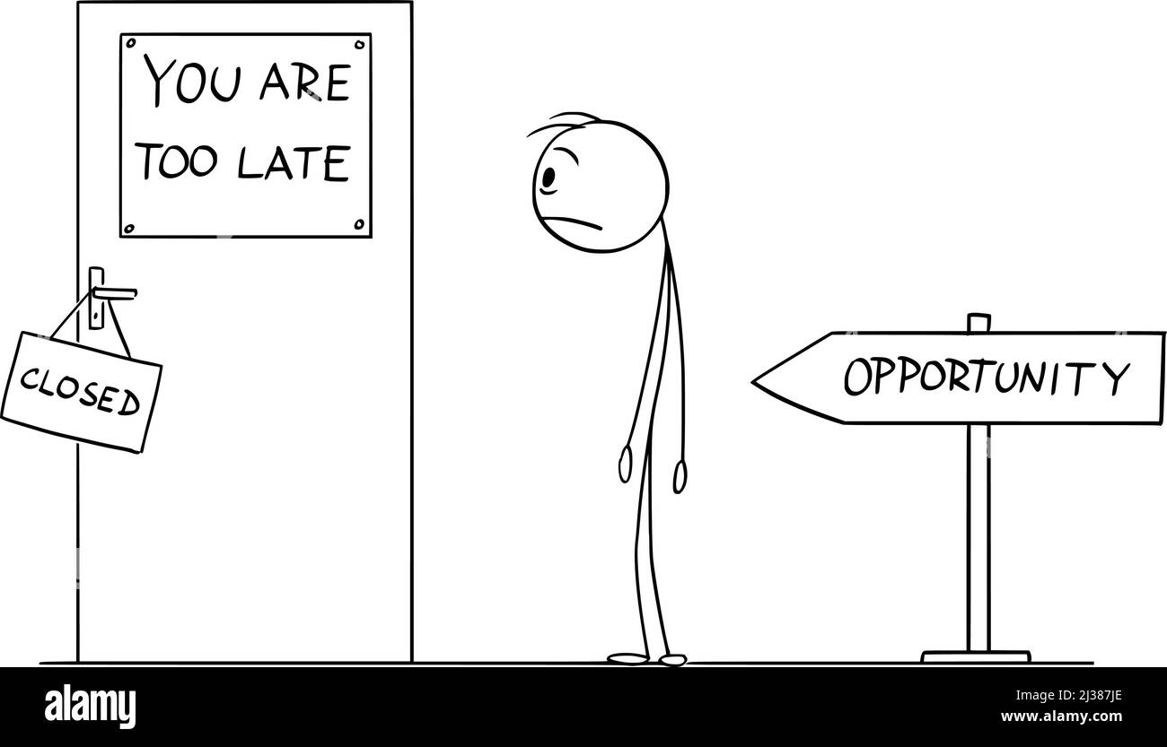 Frustrierte Person beobachten Gelegenheit Tür geschlossen, zu spät gehen , Vektor Cartoon Stick Abbildung Stock Vektor